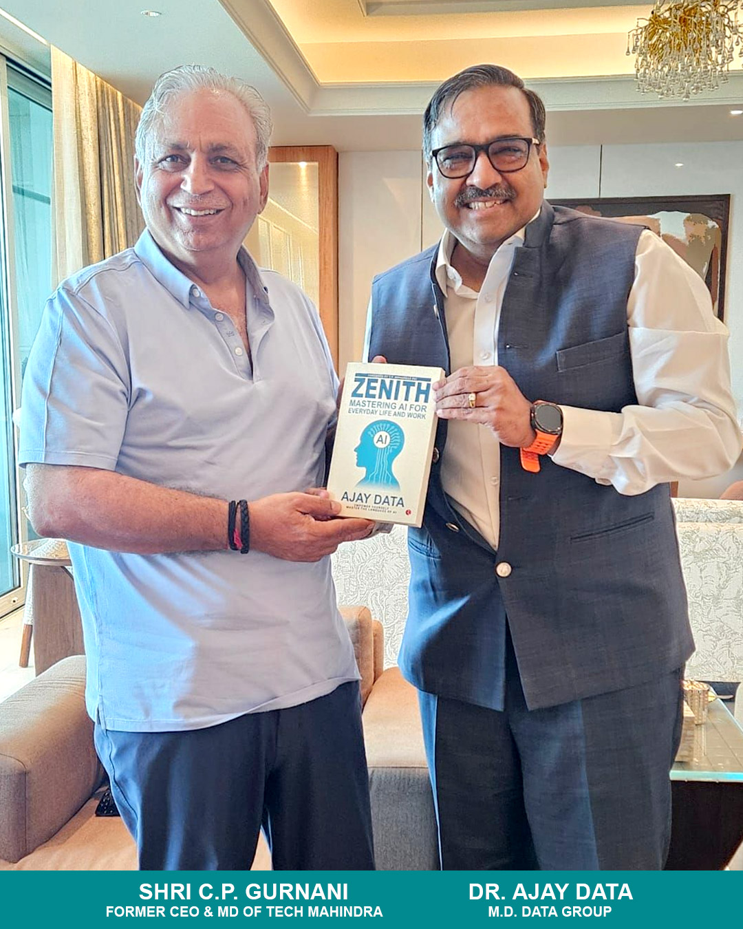 Dr. Ajay Data handing over the book titled 'Zenith' to the CEO and Managing Director of Tech Mahindra, Shri C.P. Gurnani