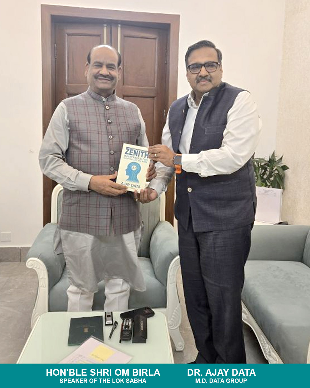 Dr. Ajay Data handing over the book titled 'Zenith' to the Honorable Speaker of Lok Sabha, Shri Om Birla