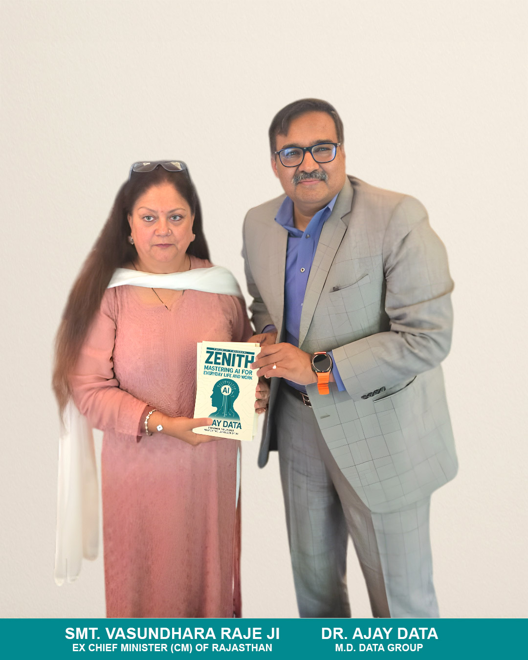 Dr. Ajay Data handing over the book titled 'Zenith' to the Former Honorable Chief Minister of Rajasthan, Smt. Vasundhara Raje